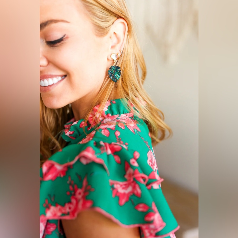 Emerald & Gold Monstera Leaf Dangle Earrings